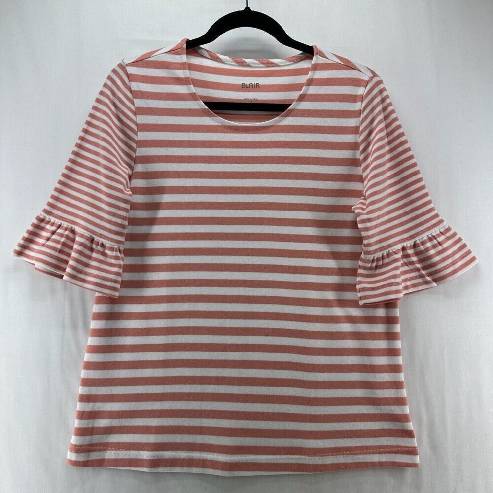 Blair Top Womens Sz S Striped Round Neck Ruffled Elbow Sleeve Orange